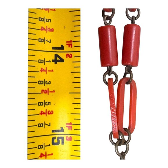 Antique 1920’s Art Deco Coral Geometric Celluloid Beads Flapper necklace Chain - Picture 5 of 5